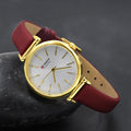 Women's Gold Tone Watch White Dial Slim Burgundy Strap