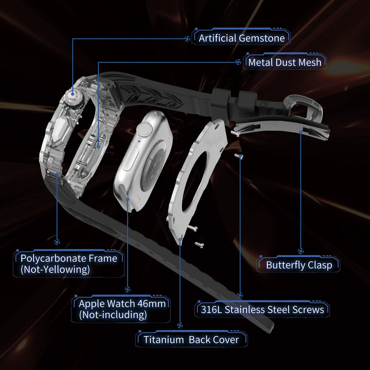 Exploded view of Apple Watch 46MM Mod Kit showcasing components and materials.