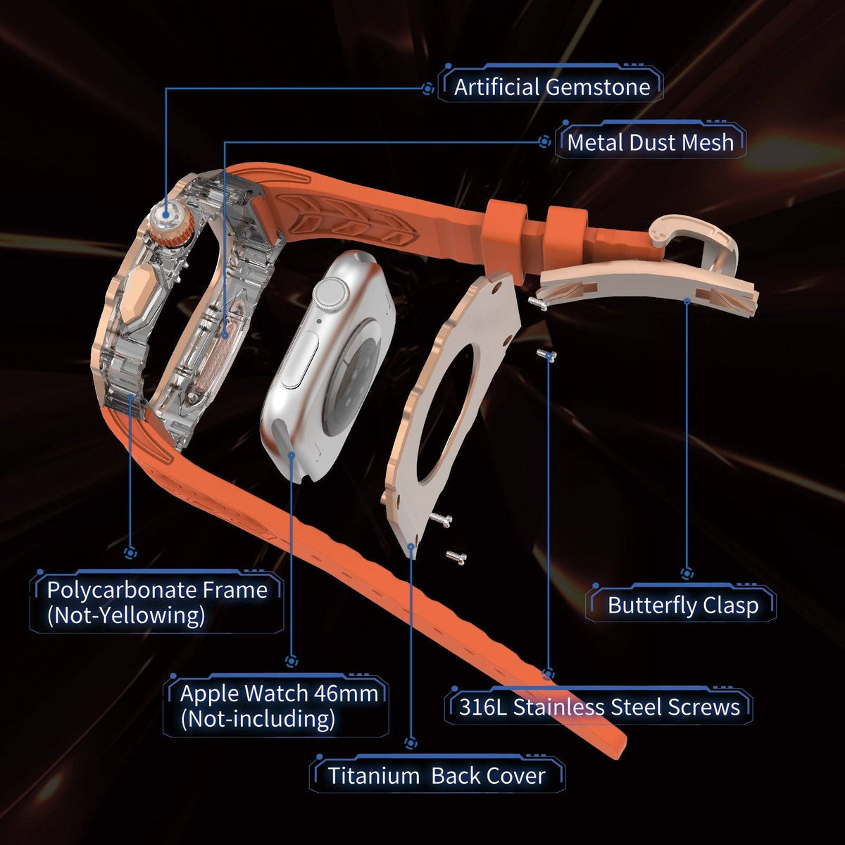 Exploded view of Apple Watch Mod Kit with orange band and labeled components.