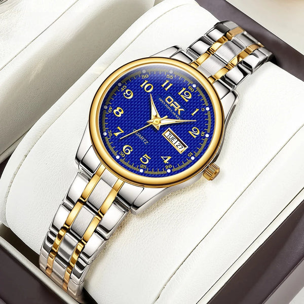 Women's stainless steel analog watch with blue dial and dual calendar display, perfect for any occasion. Sold by 
