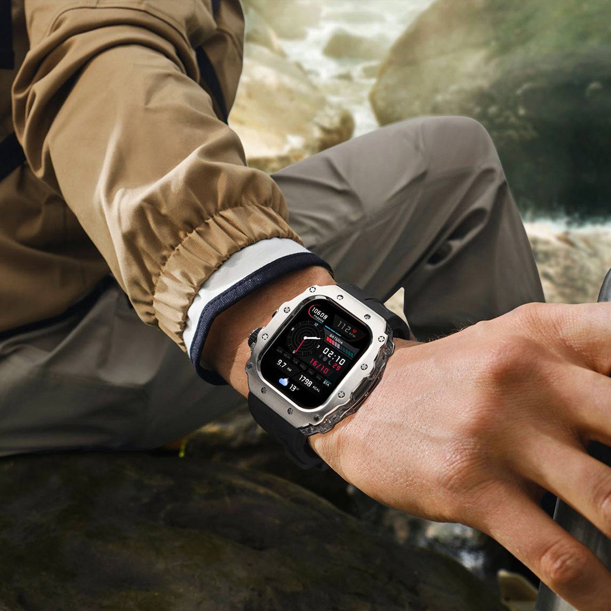 Apple Watch Series 10 Mod Kit worn outdoors, featuring rugged design.