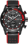 45mm Leather Chronograph Watch Black Dial Red Accents