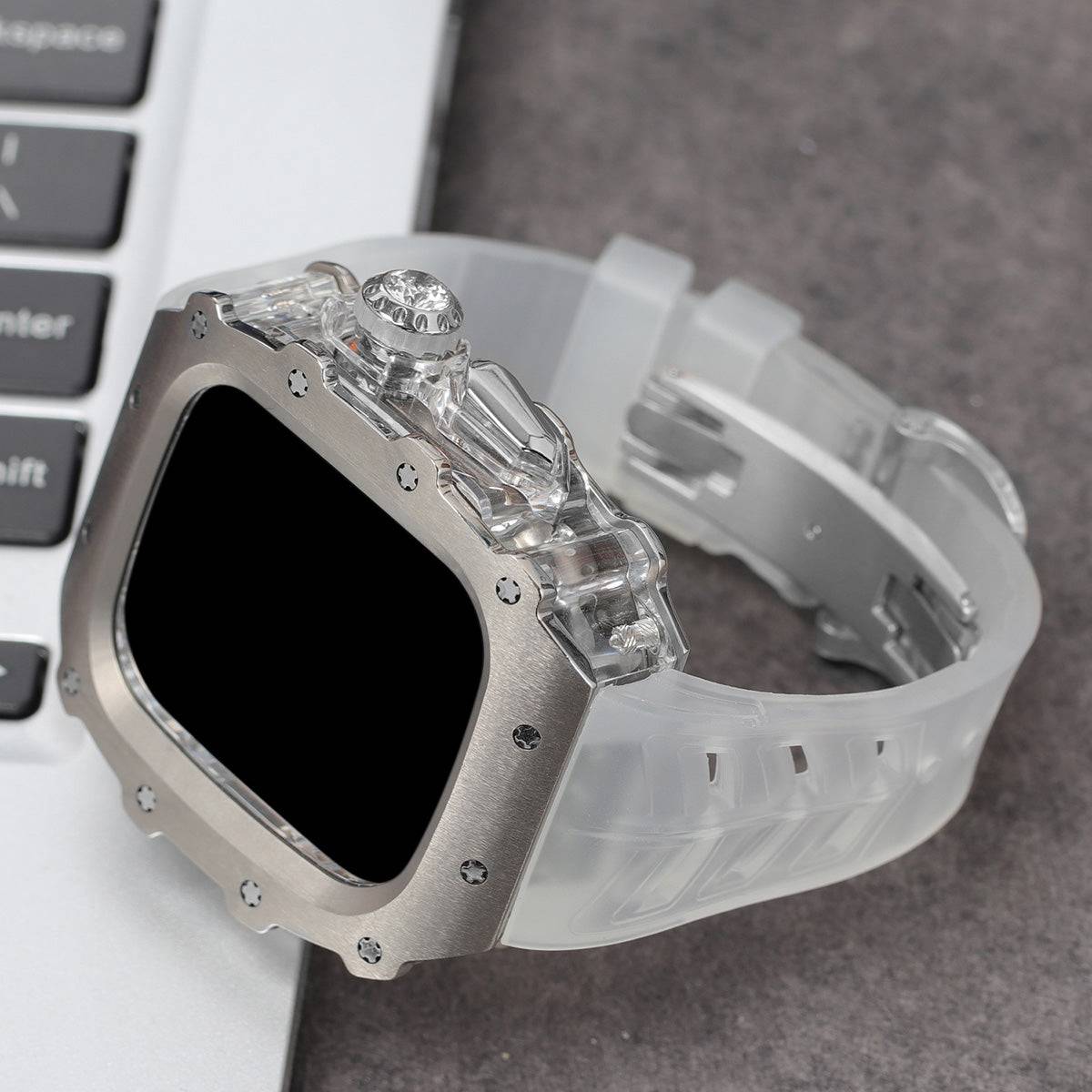 Apple Watch Series 10 Mod Kit with transparent band and silver accents.