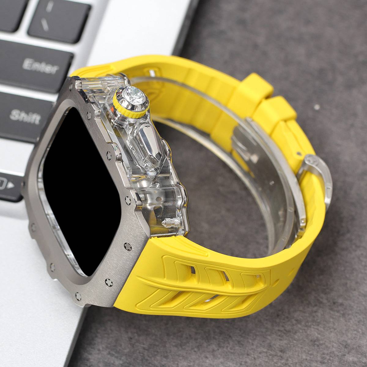 Apple Watch Series 10 Mod Kit with yellow band and silver accents.