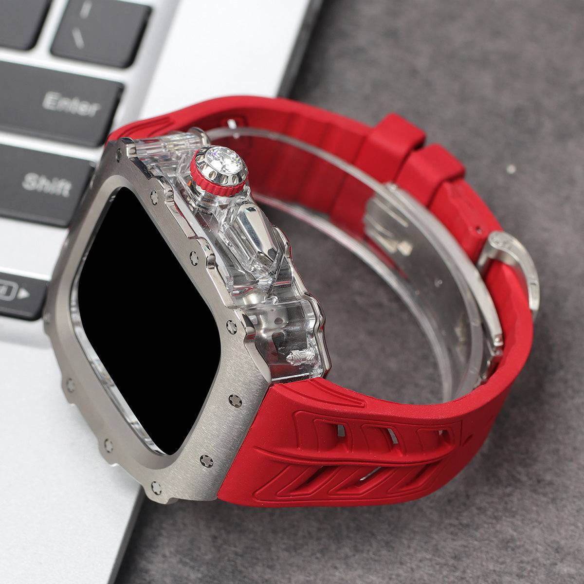 Apple Watch Series 10 Mod Kit with red band and silver accents.