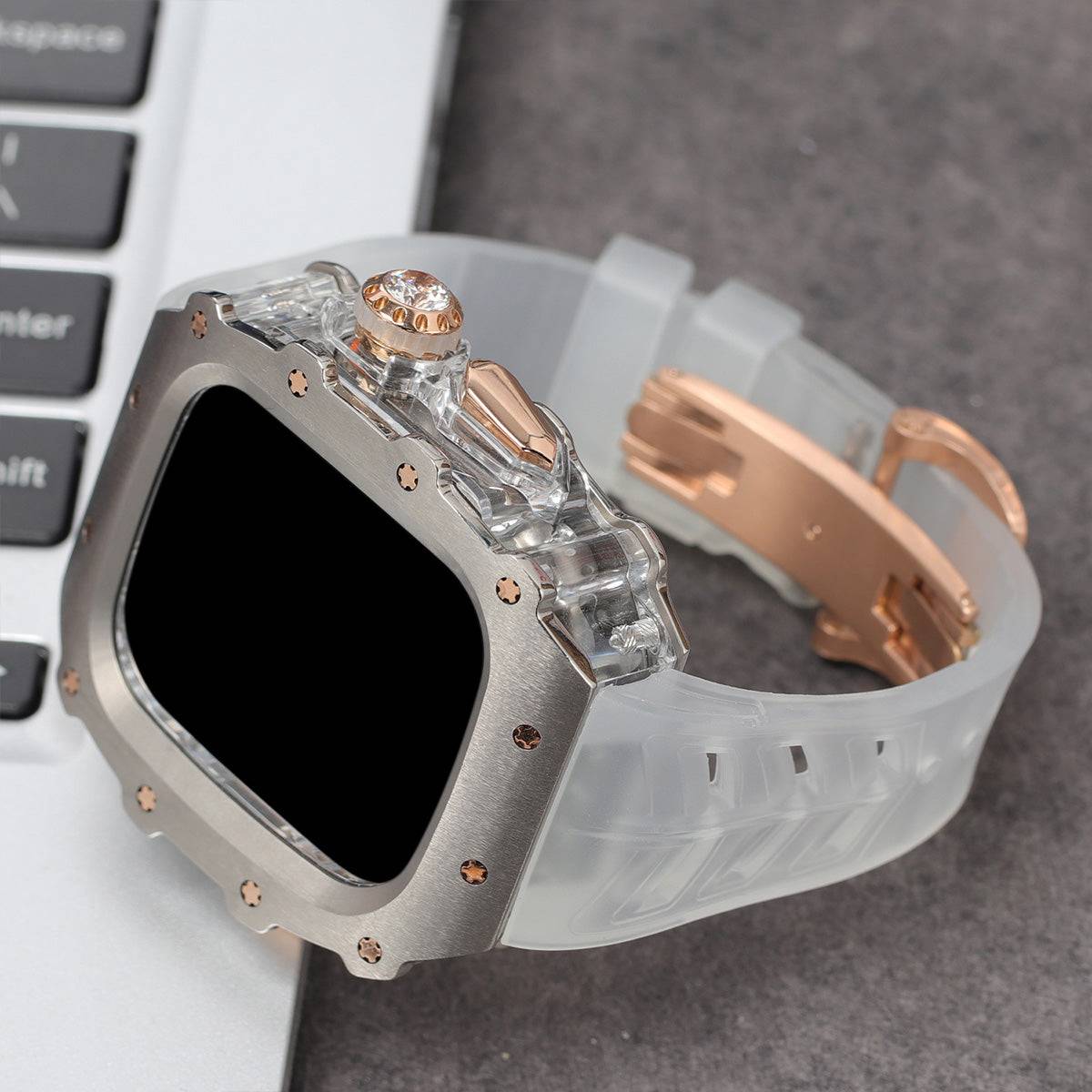 Apple Watch Series 10 Mod Kit with transparent band and rose gold accents.