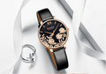 Women's Floral Rose Gold Watch Black Leather Strap Slim
