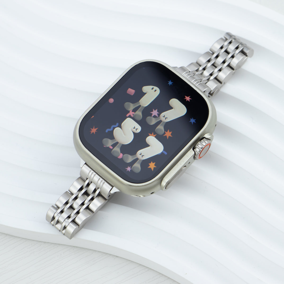 Chain-link Starlight Apple Watch Band attached to watch, crafted in stainless steel for Series 10/9/8/7/6/5/4/SE/Ultra.