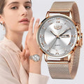 Women's Rose Gold Mesh Watch Silver Dial Slim Waterproof