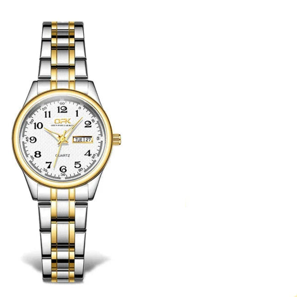 Women's analog quartz watch with silver and gold stainless steel bracelet and dual calendar display.