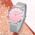 Women's Pink Dial Mesh Band Slim Stainless Steel Watch