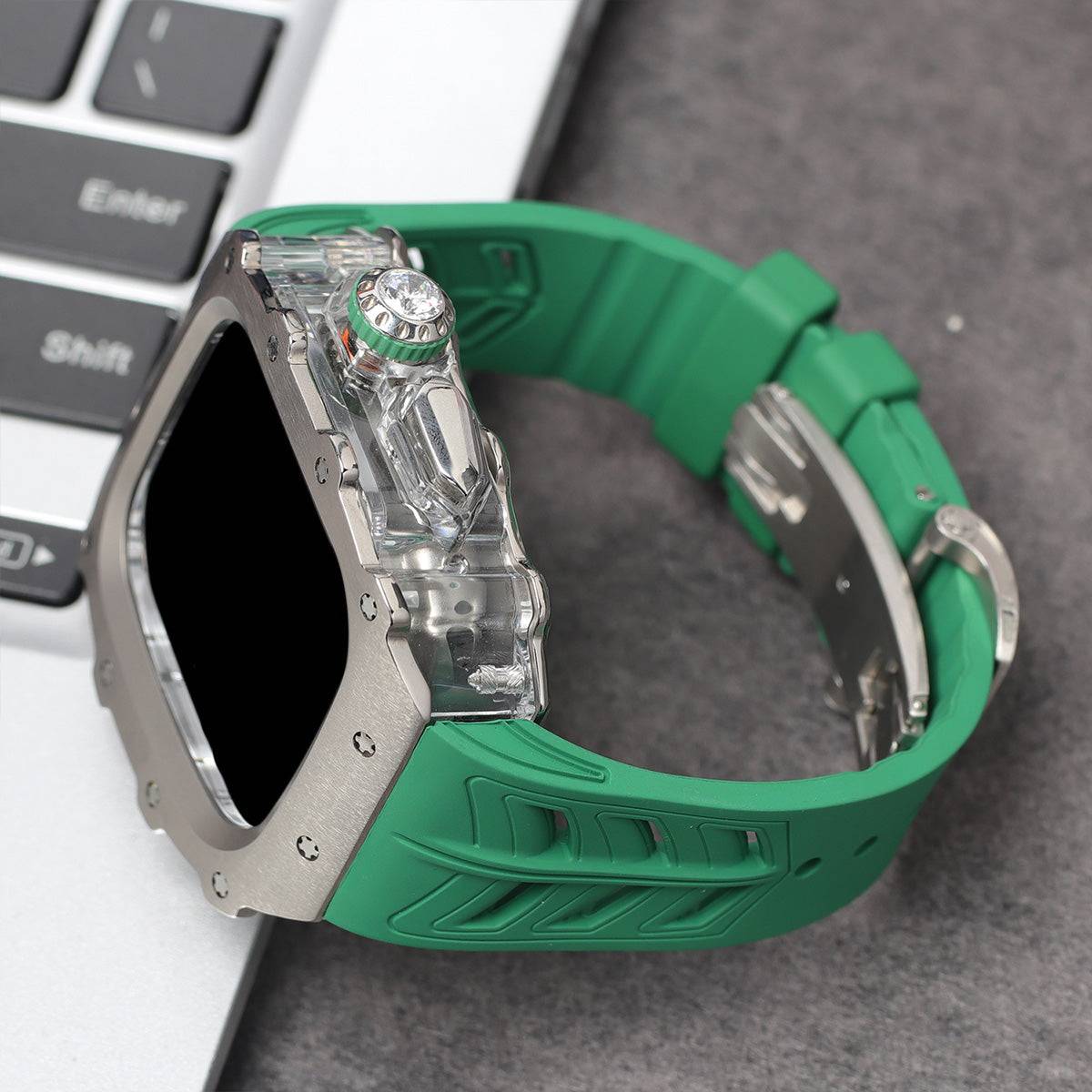 Apple Watch Series 10 Mod Kit with green band and silver accents.