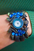 Antique Indigo Brass Watch Bracelet With Blue Beads