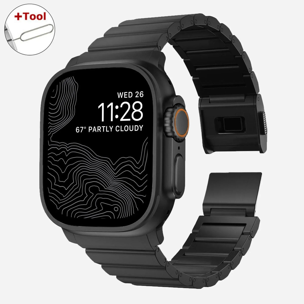 Black stainless steel Apple Watch band with adjustable links and included tool, compatible with Series 10/9/8/7/6/5/4/SE/Ultra.