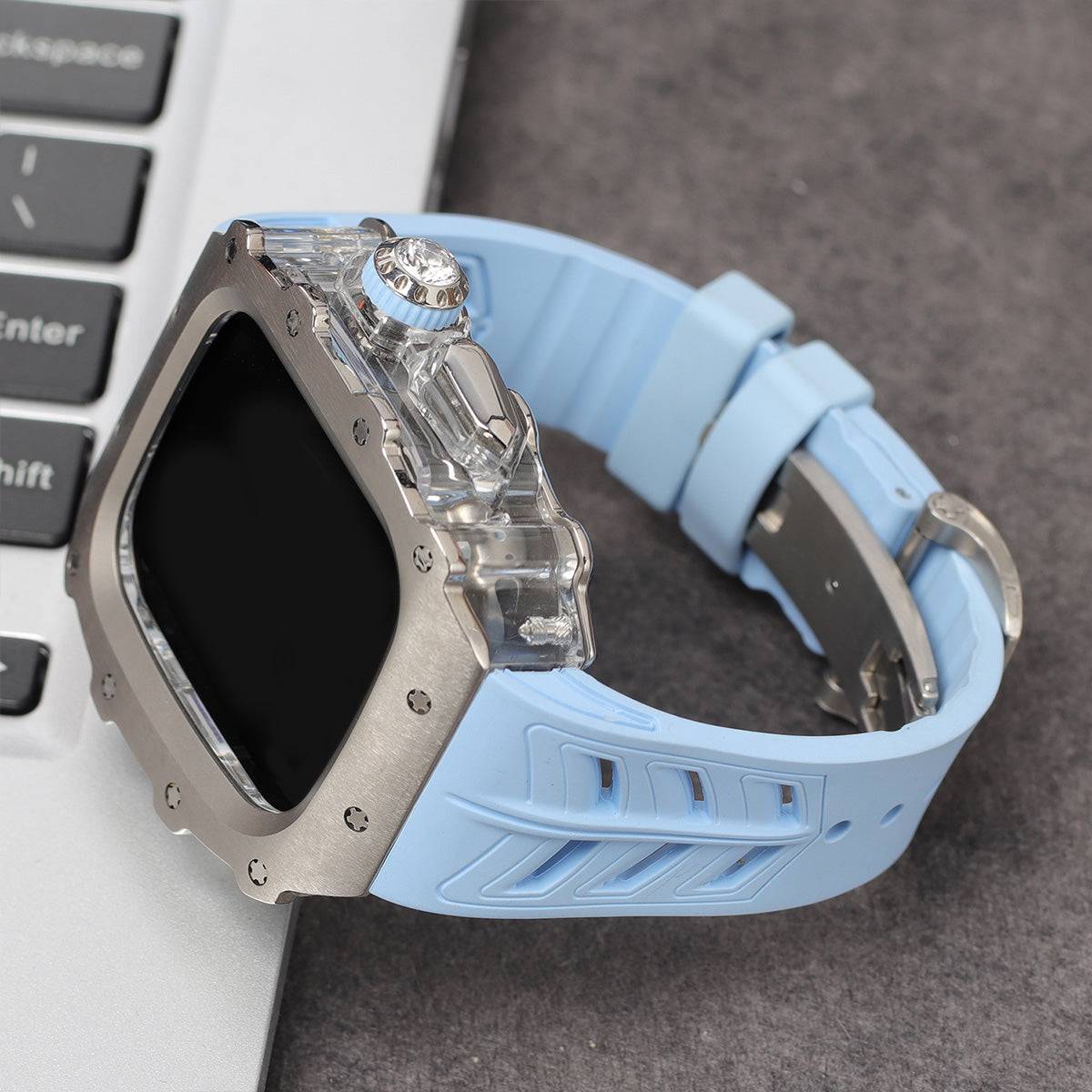 Apple Watch Series 10 Mod Kit with light blue band and silver accents.