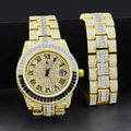 Crystal Pave Watch And Bracelet Set Gold Tone Iced Out