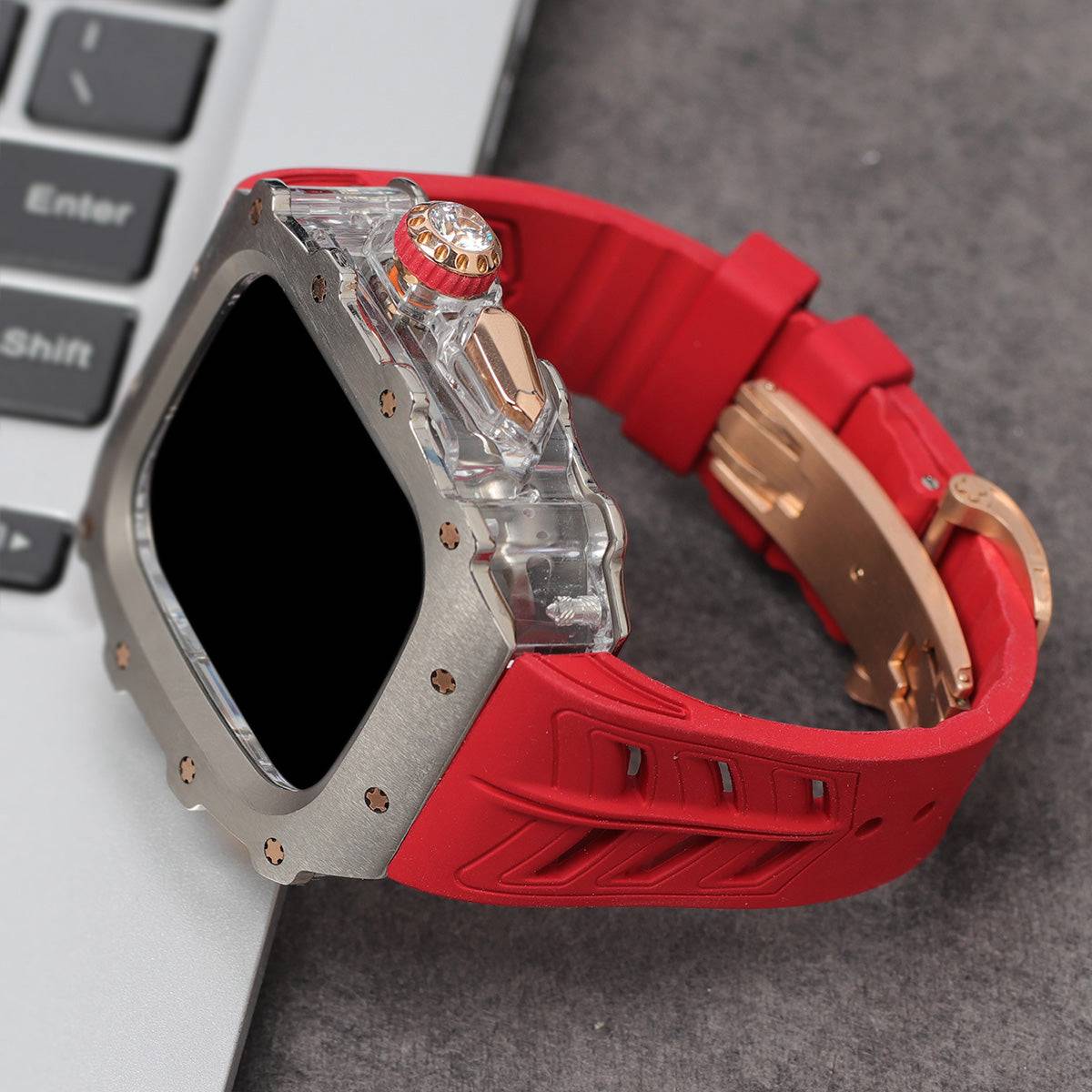 Apple Watch Series 10 46MM Mod Kit with red band and rugged titanium case.