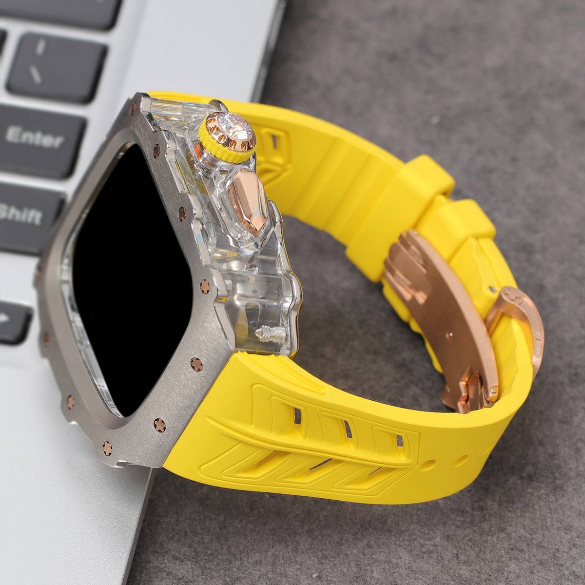 Apple Watch Series 10 Mod Kit with yellow band and rose gold accents.