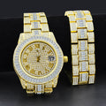 Gold Iced Out Crystal Watch And Bracelet Set With Date