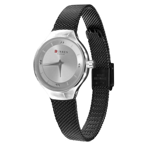 Minimalist Women's Watch Slim Silver Dial Black Mesh