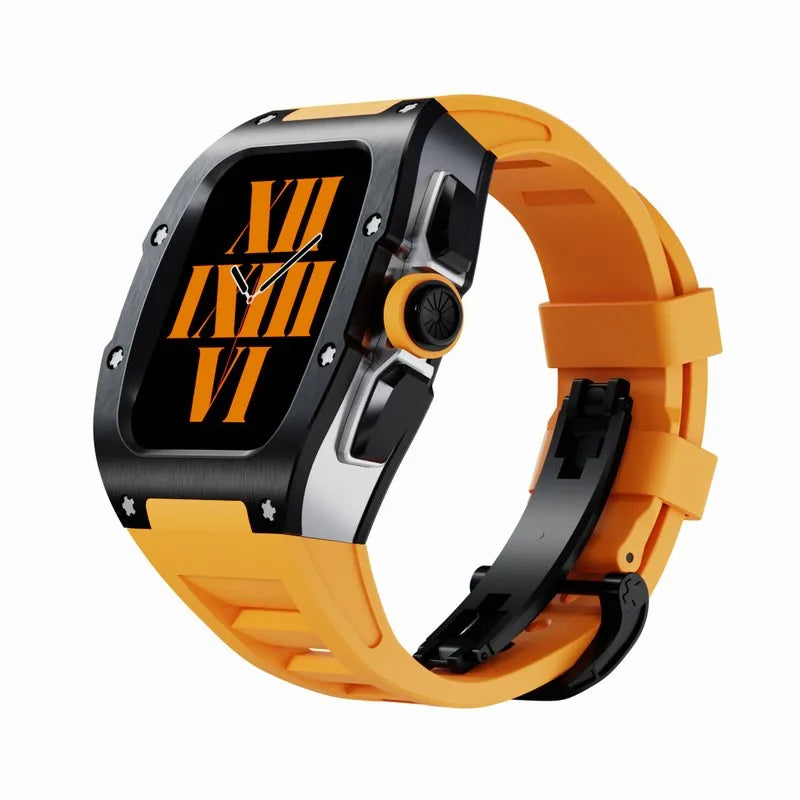 Titanium Alloy Apple Watch Modification Kit in gold and orange, compatible with 44mm and 45mm Apple Watch models. Features a durable titanium frame and vibrant orange strap for a luxury upgrade.