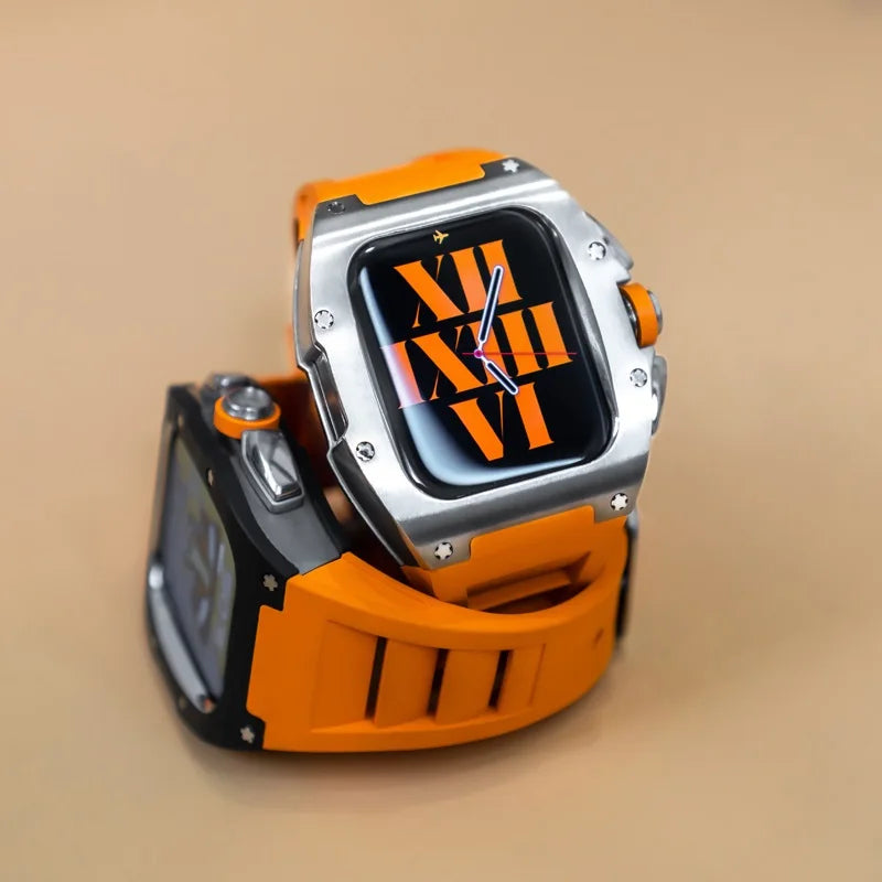 Titanium Alloy Apple Watch Modification Kit in gold and orange, compatible with 44mm and 45mm Apple Watch models. Features a durable titanium frame and vibrant orange strap for a luxury upgrade.