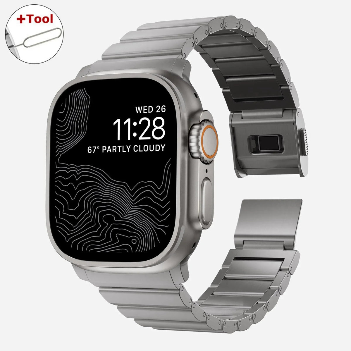 Silver stainless steel Apple Watch band with adjustable links and included tool, designed for Series 10/9/8/7/6/5/4/SE/Ultra.