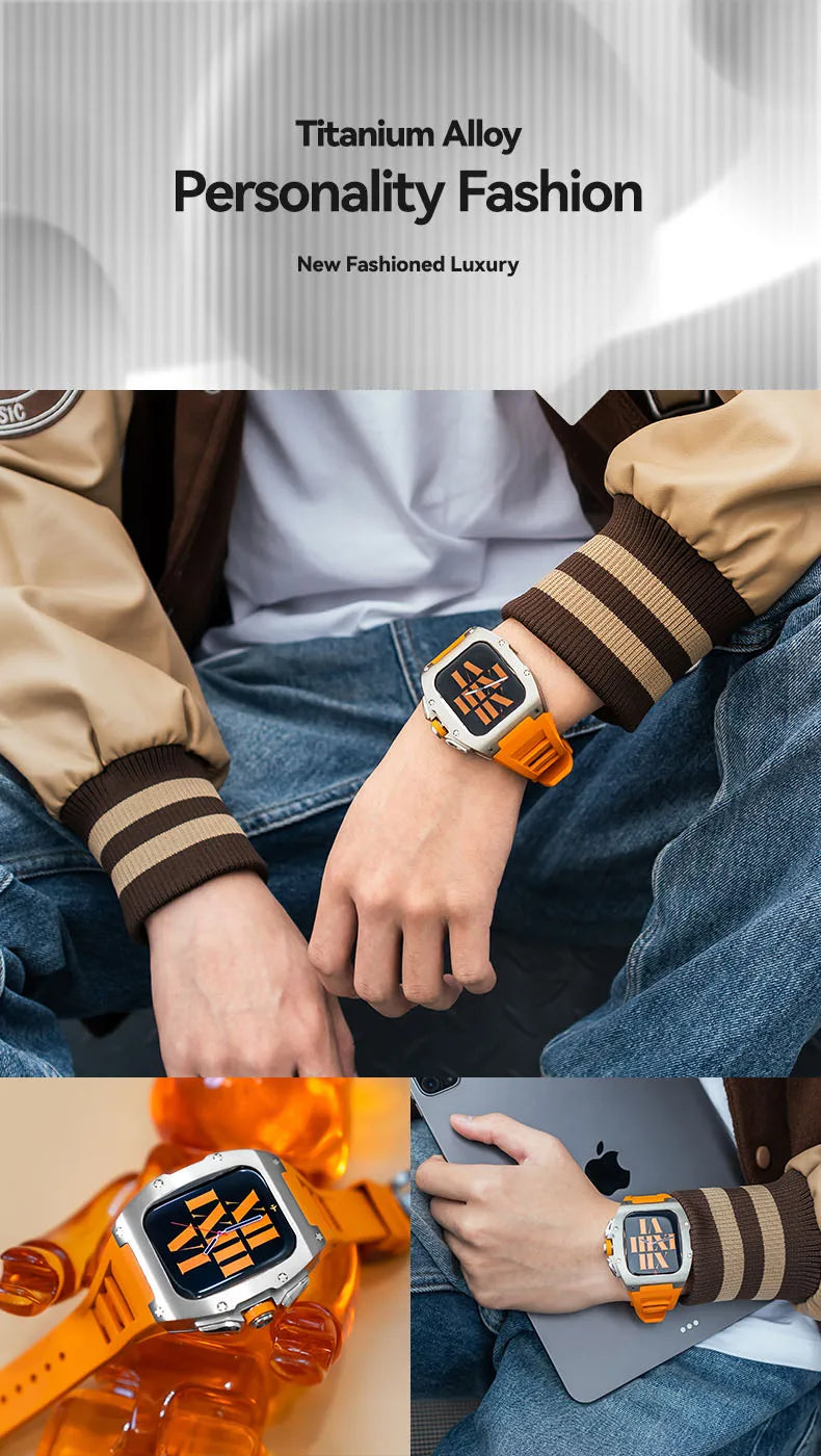 Titanium Alloy Apple Watch Modification Kit in gold and orange, compatible with 44mm and 45mm Apple Watch models. Features a durable titanium frame and vibrant orange strap for a luxury upgrade.