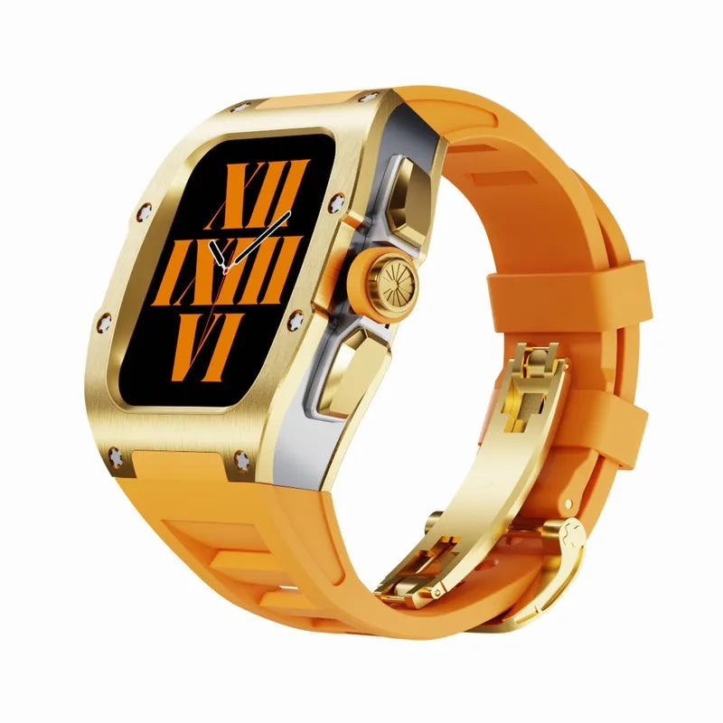 Titanium Alloy Apple Watch Modification Kit in gold and orange, compatible with 44mm and 45mm Apple Watch models. Features a durable titanium frame and vibrant orange strap for a luxury upgrade.