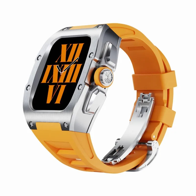 Titanium Alloy Apple Watch Modification Kit in gold and orange, compatible with 44mm and 45mm Apple Watch models. Features a durable titanium frame and vibrant orange strap for a luxury upgrade.