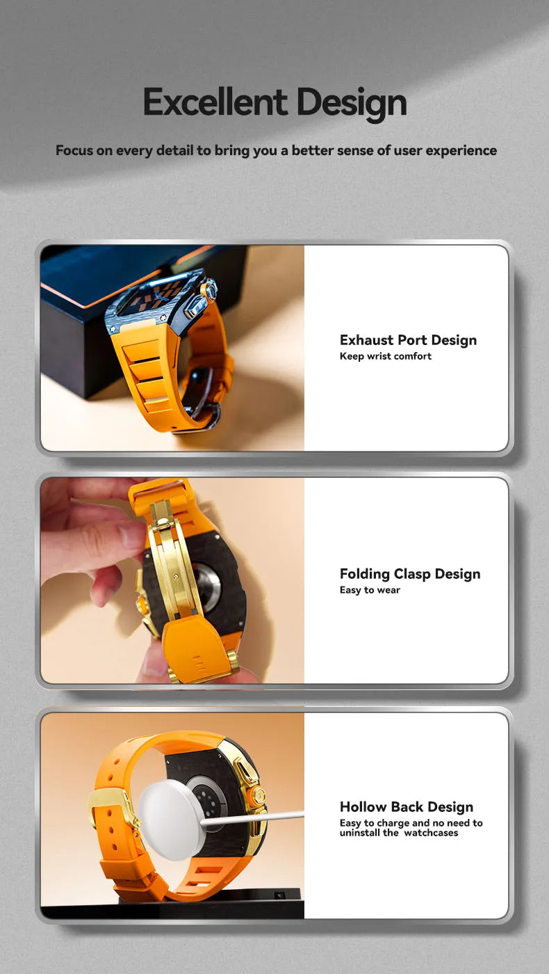 Titanium Alloy Apple Watch Modification Kit in gold and orange, compatible with 44mm and 45mm Apple Watch models. Features a durable titanium frame and vibrant orange strap for a luxury upgrade.