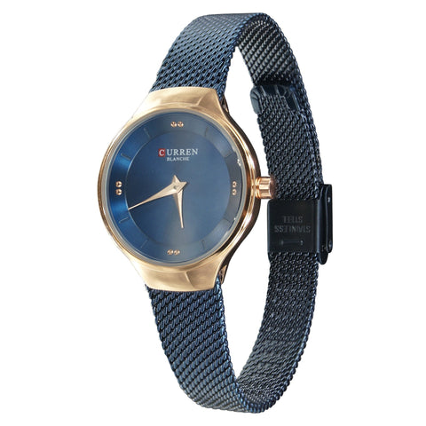 Women's Mesh Strap Watch Slim Blue Dial Minimalist Elegant