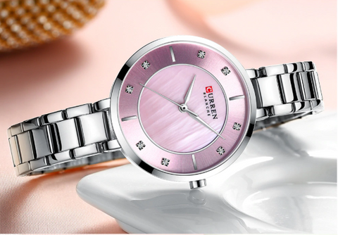 Women's Pink Mother Of Pearl Watch Stainless Link Bracelet