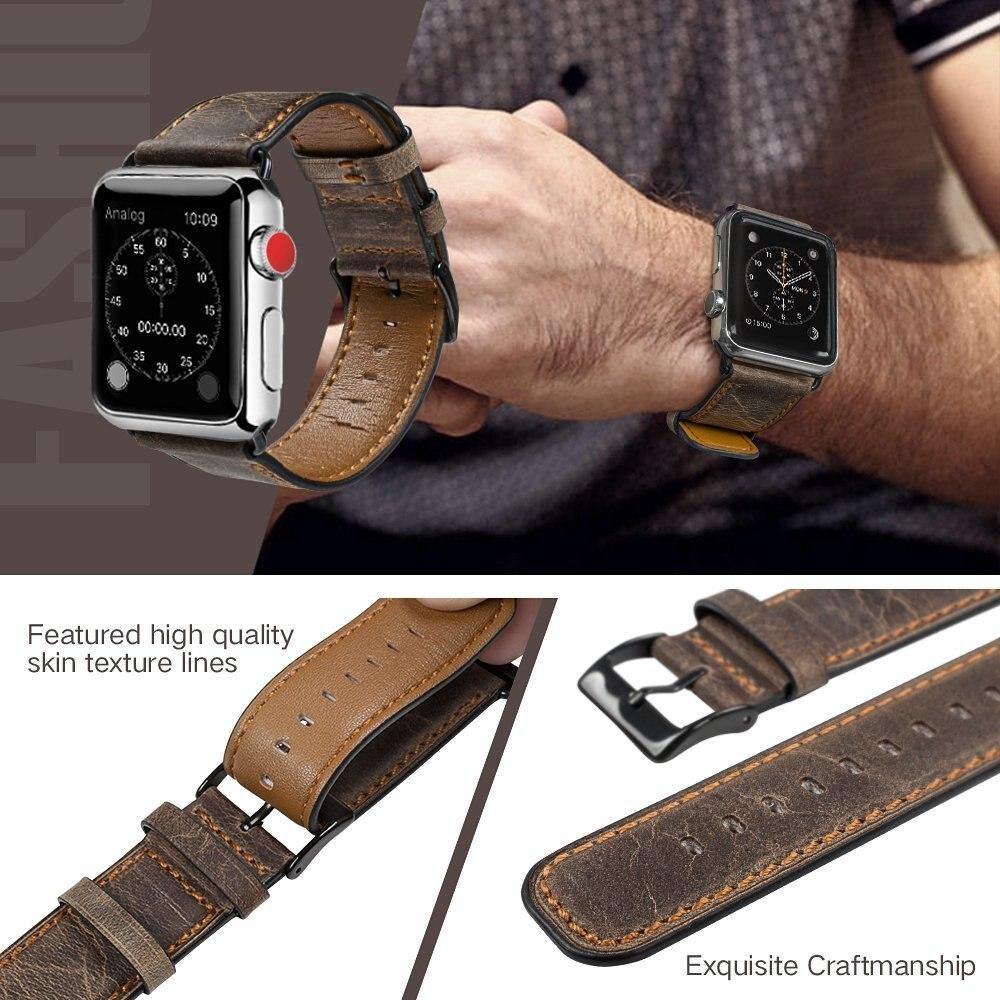 Leather Apple Watch BandBand Length: 22cmItem Type: WatchbandsBand Material Type: LeatherCondition: New with tagsClasp Type: stainless steel bucklecolor: brownmaterial: cow leather+silicone[focus_keyword]Apple Watch Band